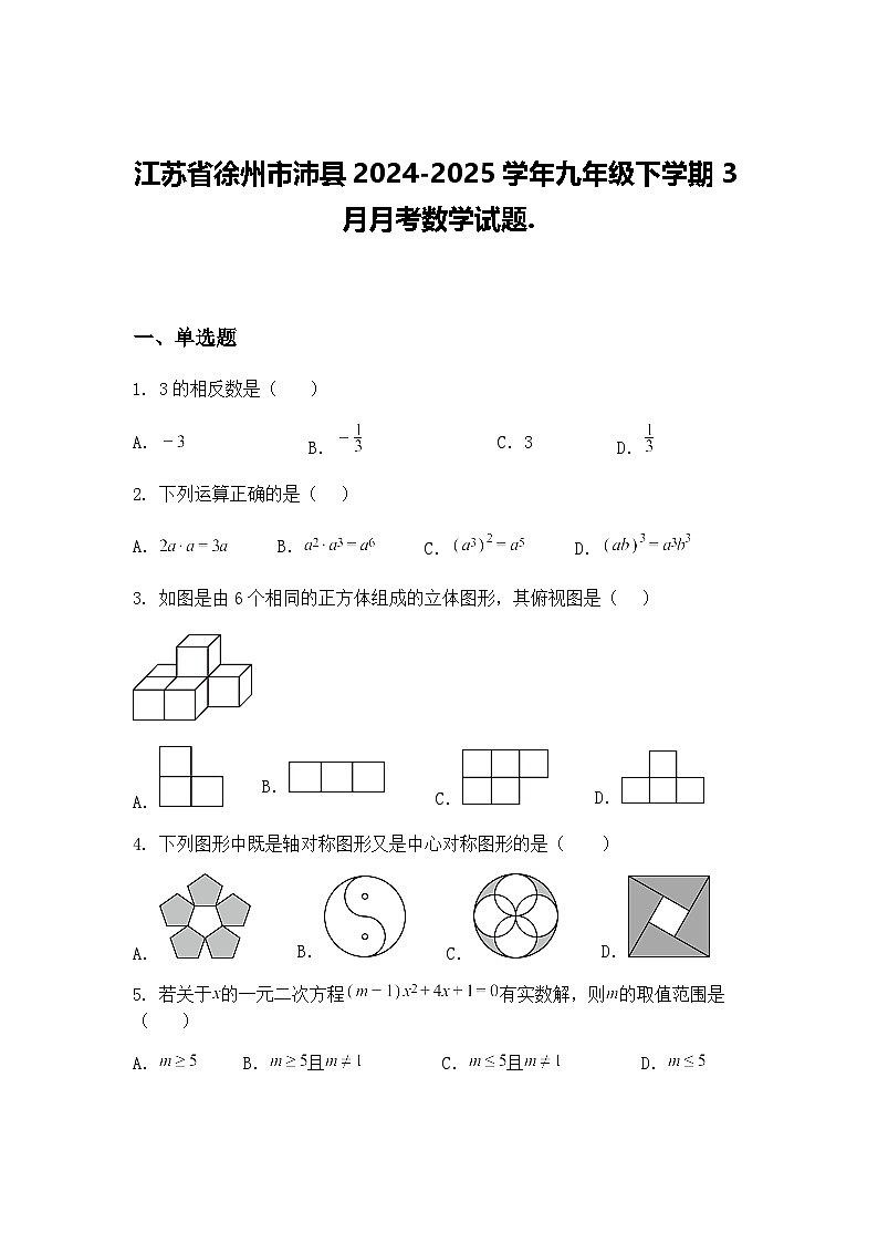 江苏省徐州市沛县2024-2025学年九年级下学期3月月考数学试题.（含答案解析）第1页