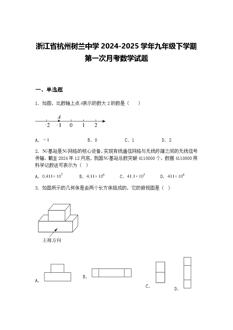 浙江省杭州树兰中学2024-2025学年九年级下学期第一次月考数学试题（含答案解析）第1页