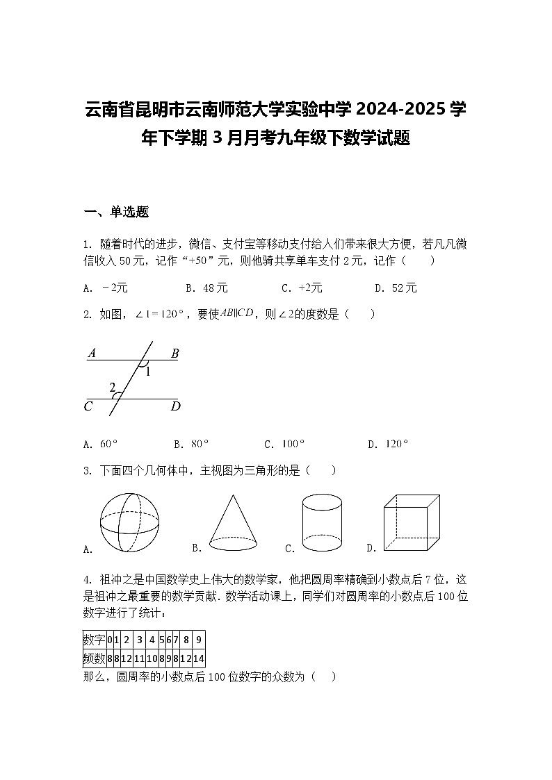 云南省昆明市云南师范大学实验中学2024-2025学年下学期3月月考九年级下数学试题（含答案解析）第1页