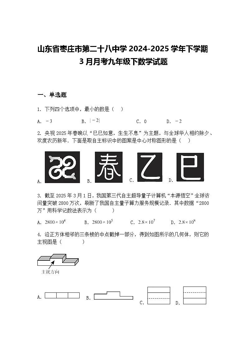 山东省枣庄市第二十八中学2024-2025学年下学期3月月考九年级下数学试题（含答案解析）第1页
