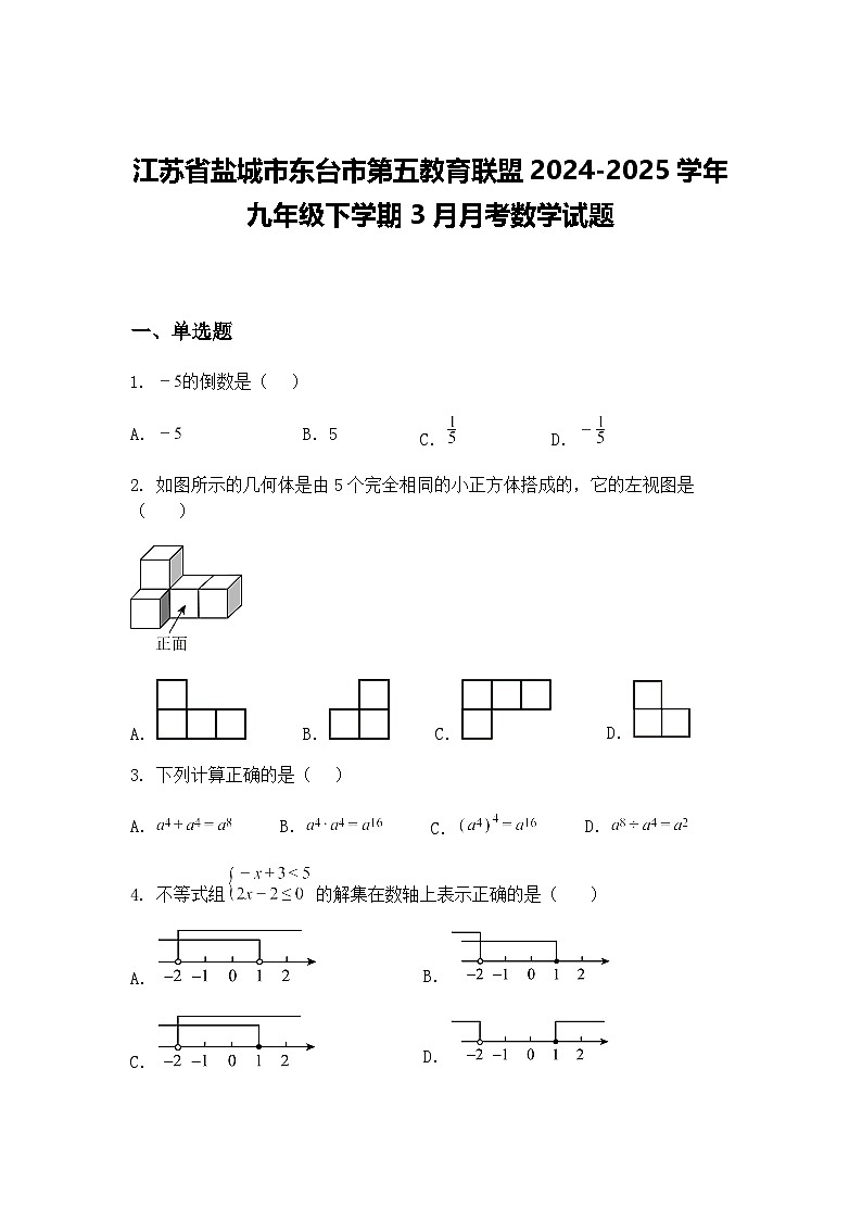 江苏省盐城市东台市第五教育联盟2024-2025学年九年级下学期3月月考数学试题（含答案解析）第1页