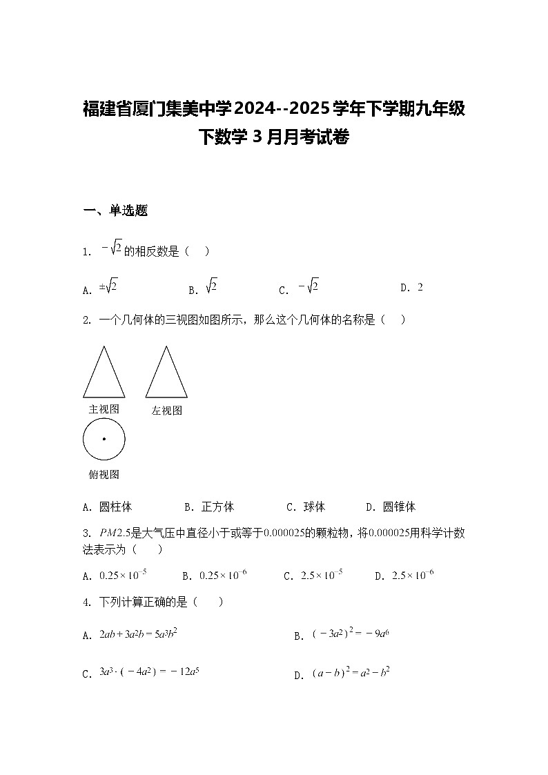 福建省厦门集美中学2024--2025学年下学期九年级下数学3月月考试卷（含答案解析）第1页