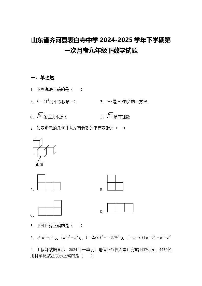 山东省齐河县表白寺中学2024-2025学年下学期第一次月考九年级下数学试题（含答案解析）第1页