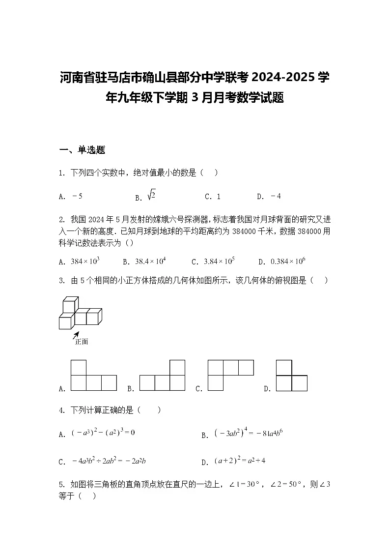 河南省驻马店市确山县部分中学联考2024-2025学年九年级下学期3月月考数学试题（含答案解析）第1页