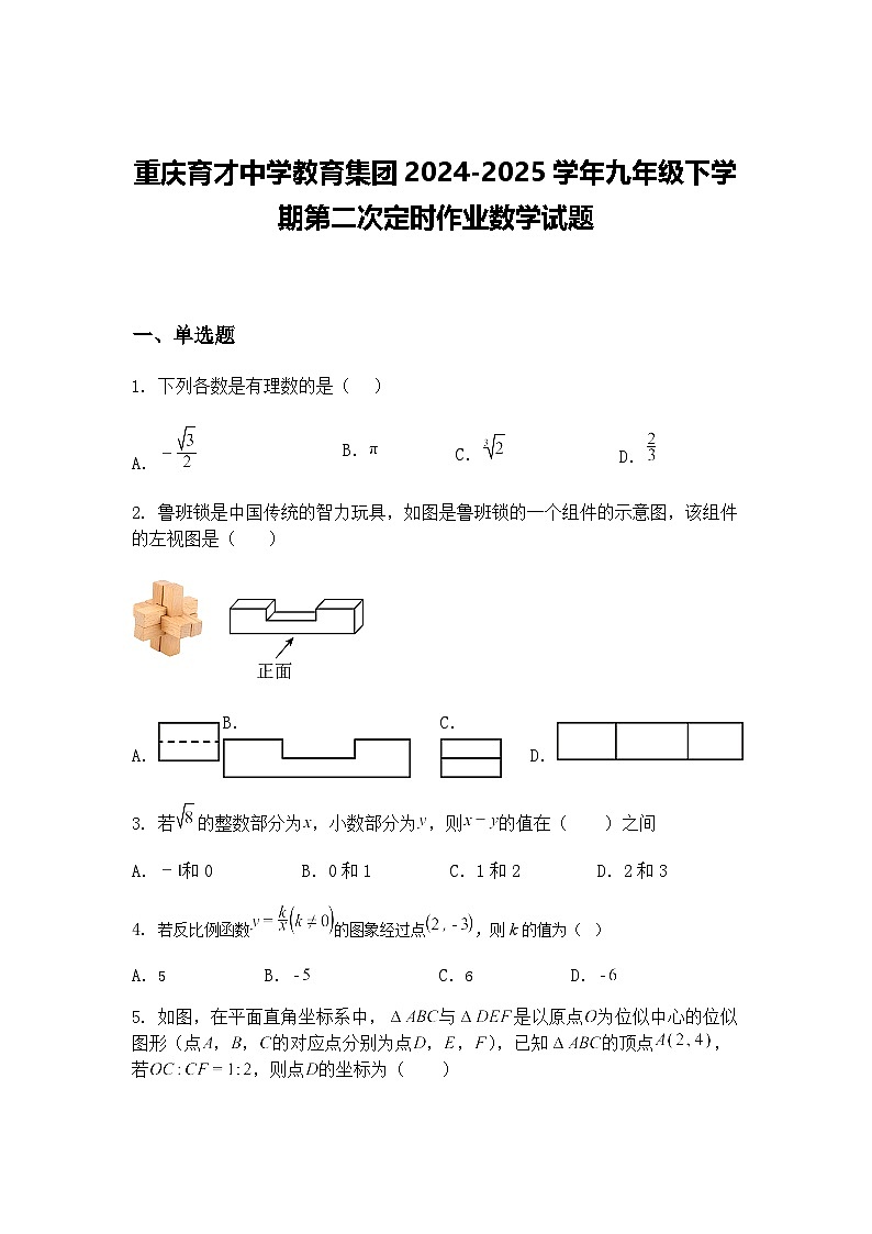重庆育才中学教育集团2024-2025学年九年级下学期第二次定时作业数学试题（含答案解析）第1页