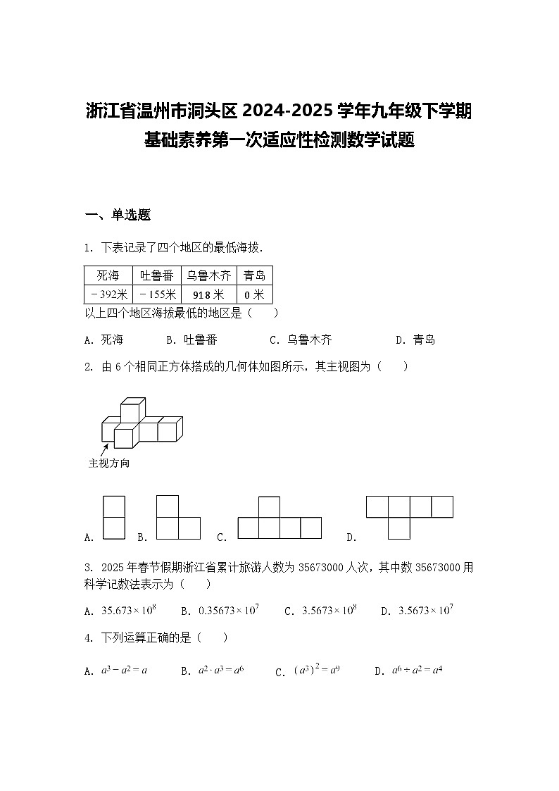 浙江省温州市洞头区2024-2025学年九年级下学期基础素养第一次适应性检测数学试题（含答案解析）第1页