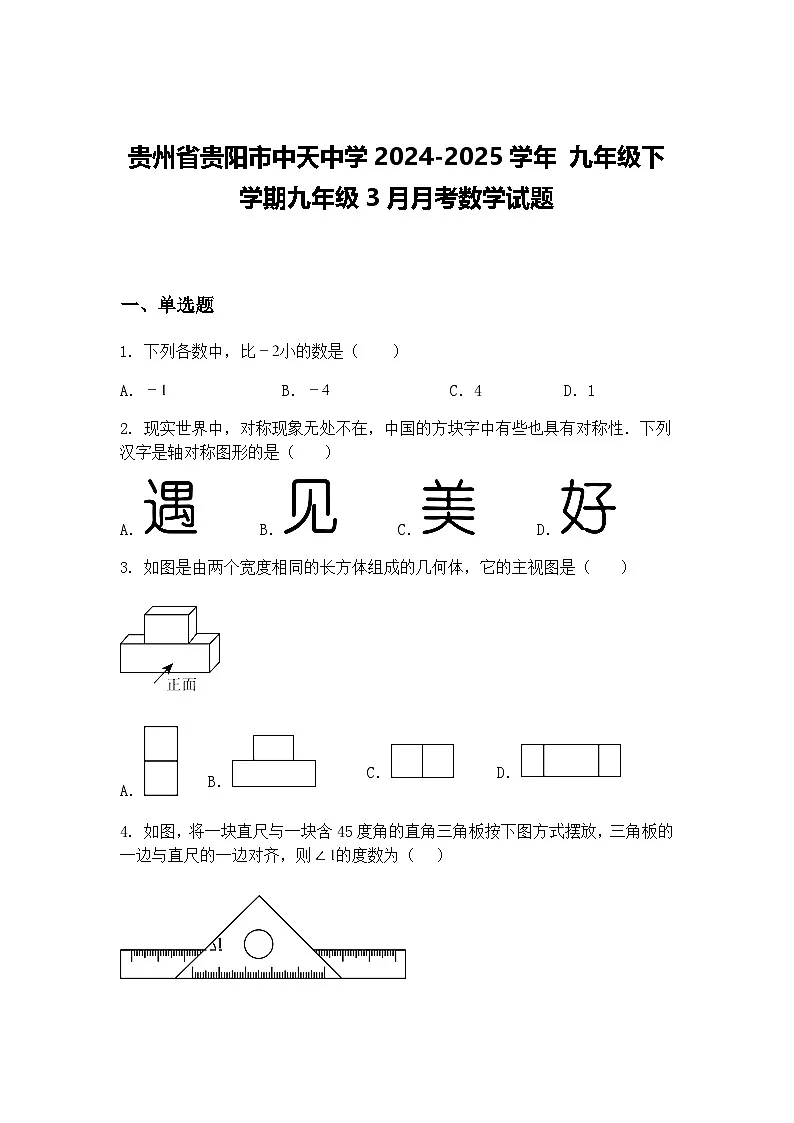 贵州省贵阳市中天中学2024-2025学年 九年级下 学期九年级3月月考数学试题（含答案解析）第1页
