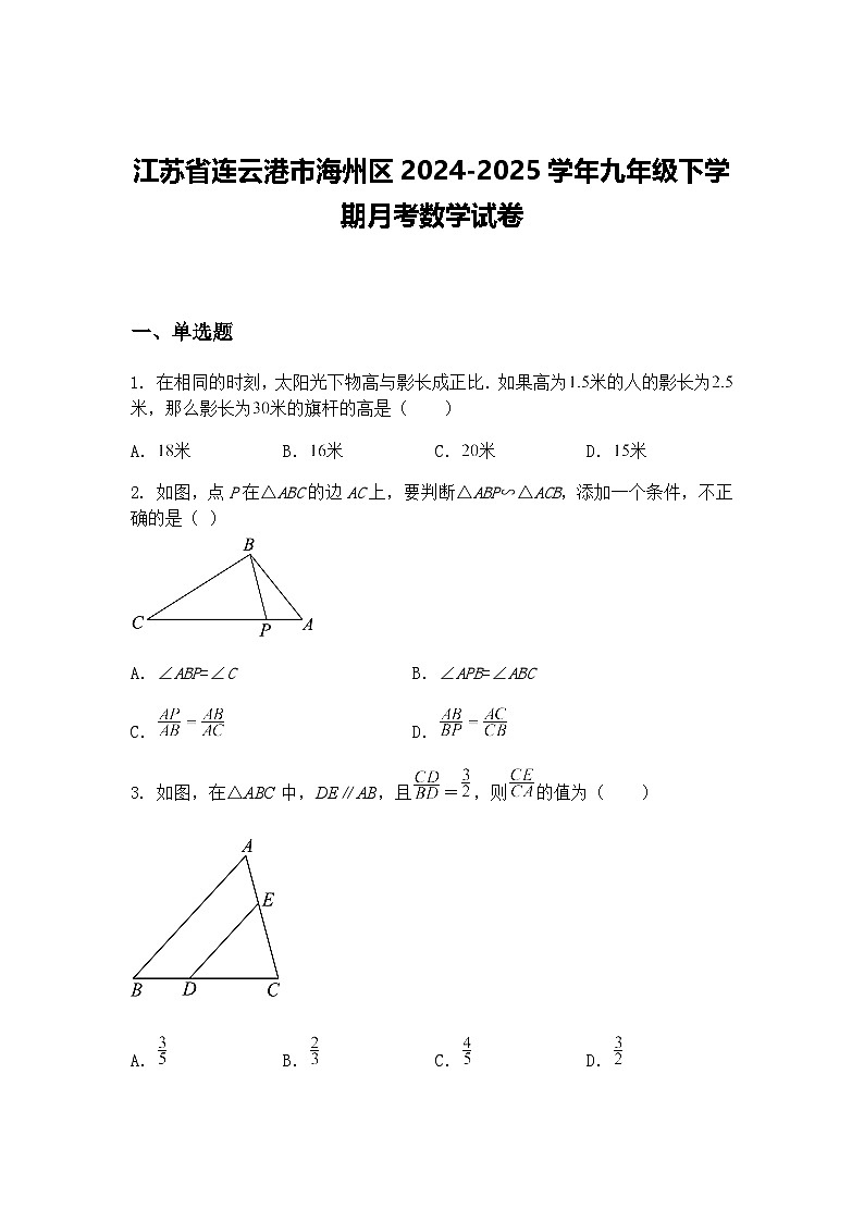 江苏省连云港市海州区2024-2025学年九年级下学期月考数学试卷（含答案解析）第1页