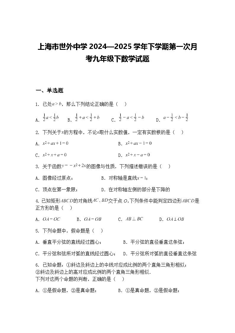 上海市世外中学2024—2025学年下学期第一次月考九年级下数学试题（含答案解析）第1页