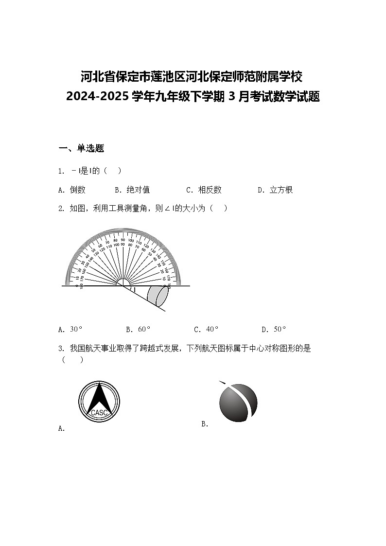 河北省保定市莲池区河北保定师范附属学校2024-2025学年九年级下学期3月考试数学试题（含答案解析）第1页