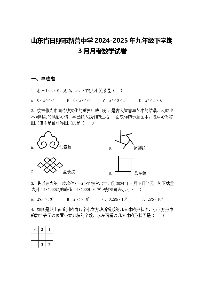 山东省日照市新营中学2024-2025年九年级下学期3月月考数学试卷（含答案解析）第1页