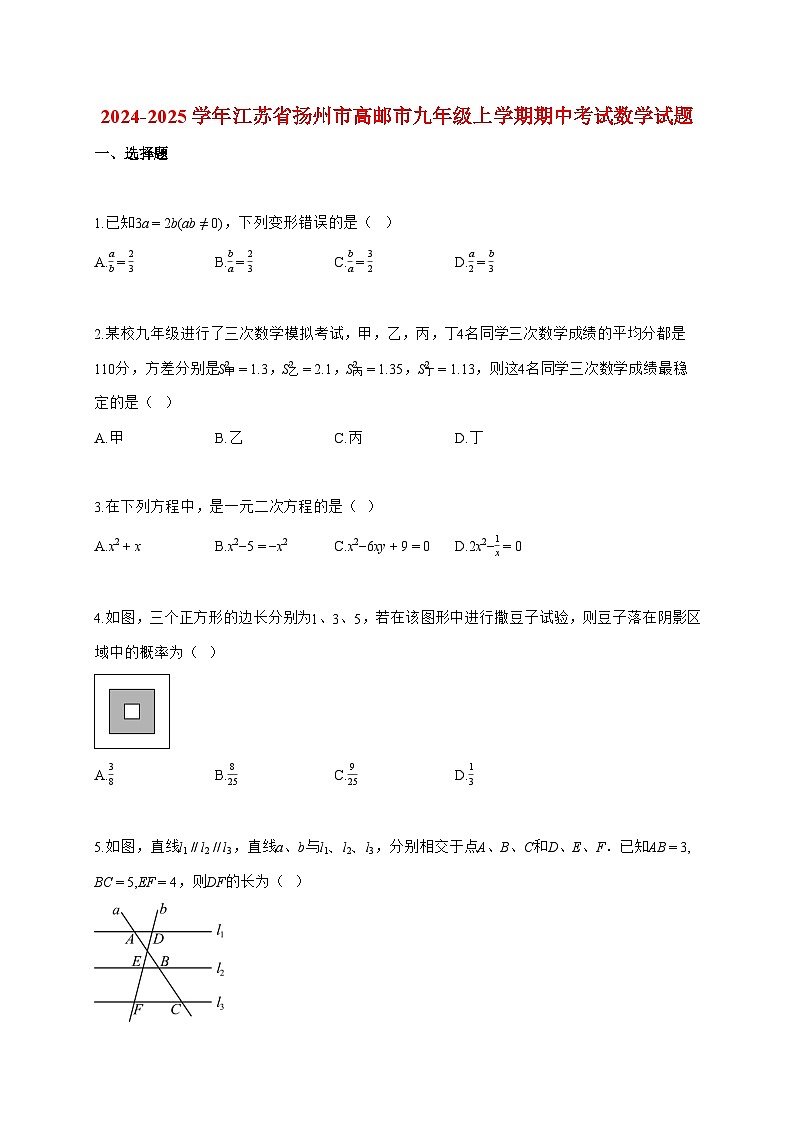 2024_2025学年度江苏省扬州市高邮市九年级上册期中考试数学检测试卷【附解析】第1页