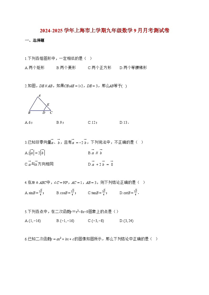 2024_2025学年度上海市上册九年级数学9月月考测试卷【附解析】第1页