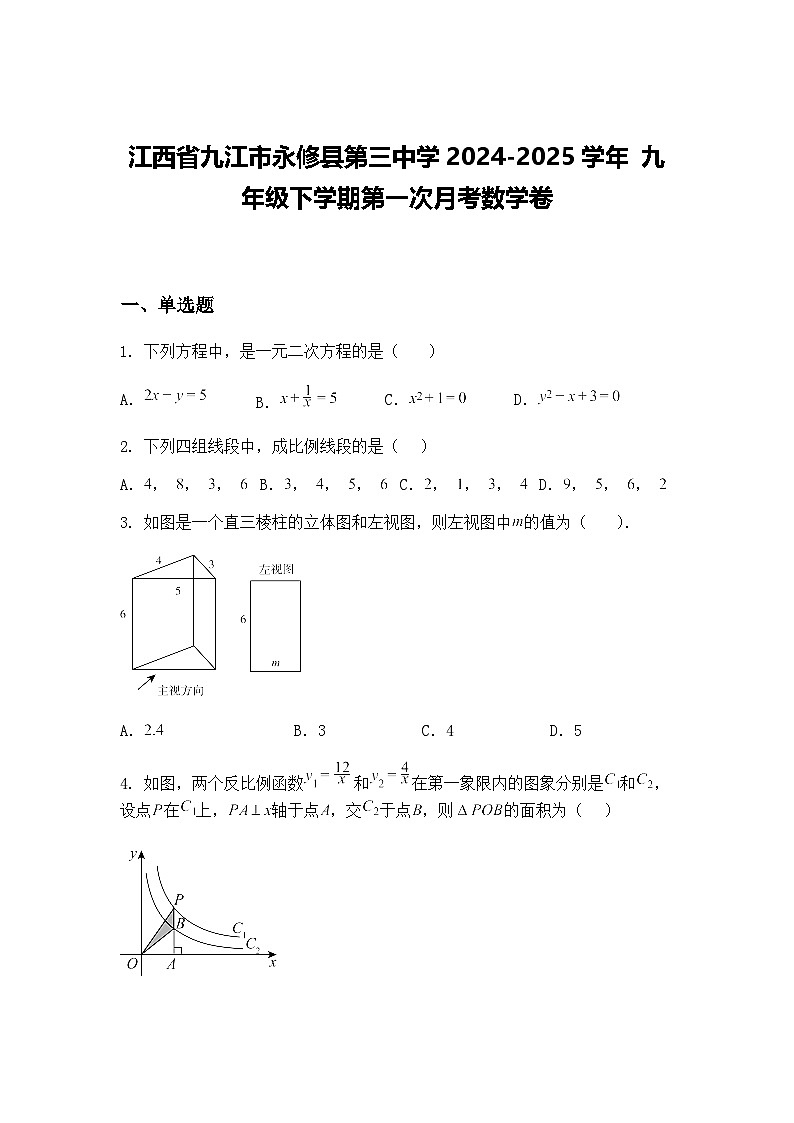 江西省九江市永修县第三中学2024-2025学年 九年级下学期第一次月考数学卷（含答案解析）第1页