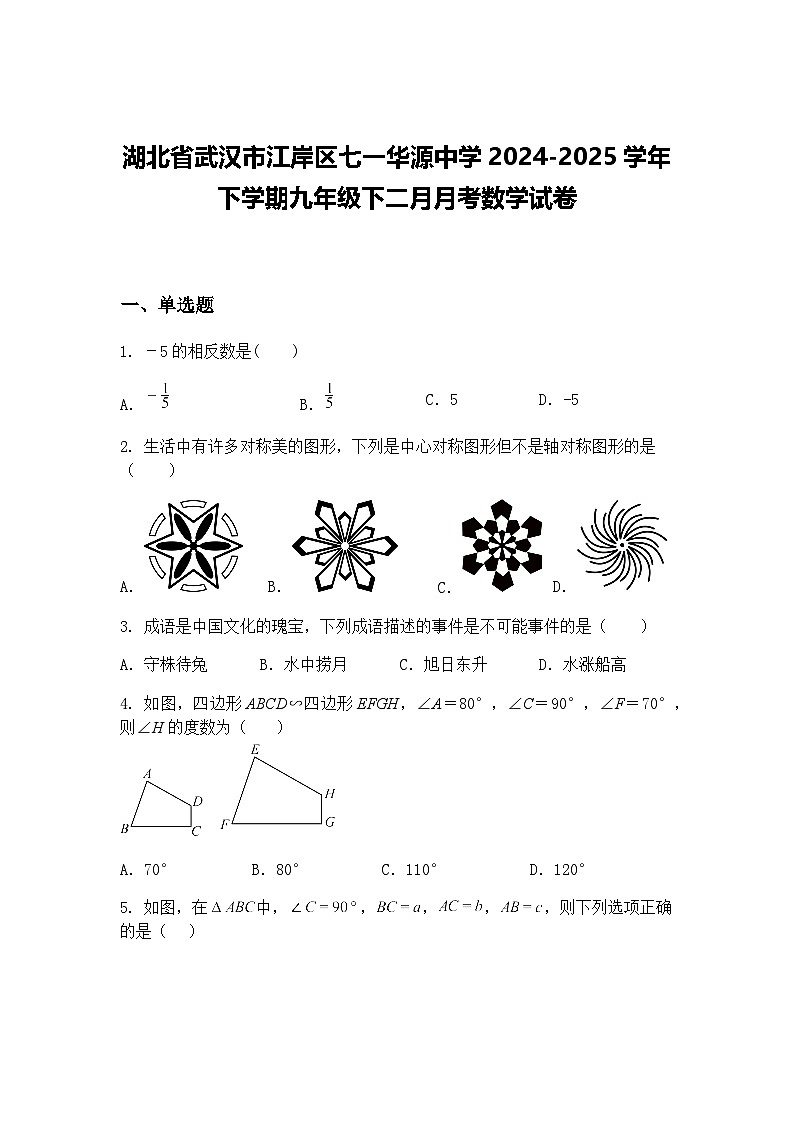 湖北省武汉市江岸区七一华源中学2024-2025学年下学期九年级下二月月考数学试卷（含答案解析）第1页
