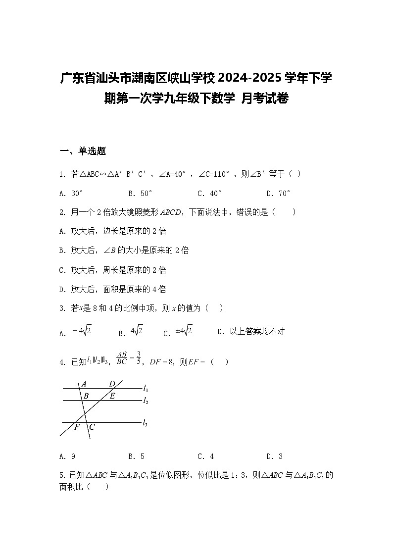 广东省汕头市潮南区峡山学校2024-2025学年下学期第一次学九年级下数学 月考试卷（含答案解析）第1页