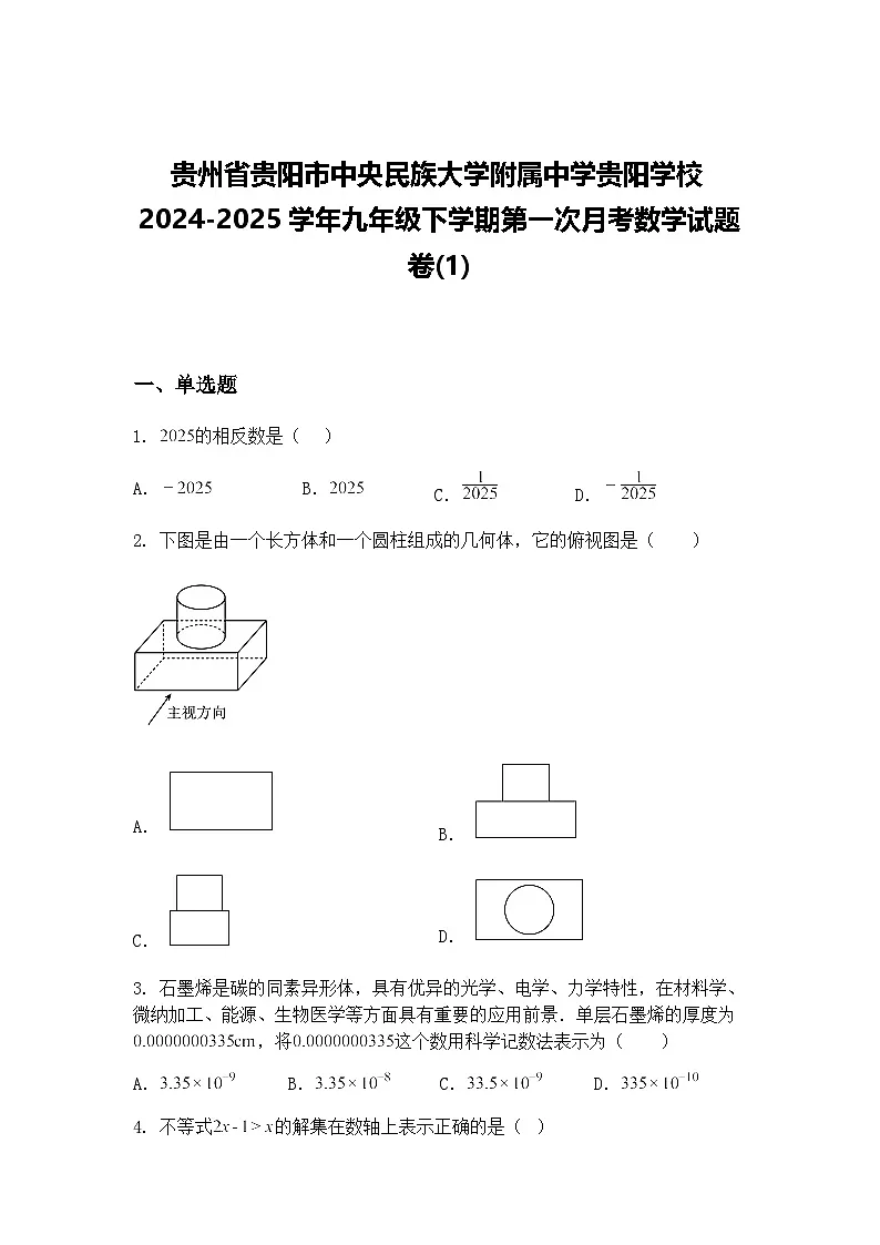贵州省贵阳市中央民族大学附属中学贵阳学校2024-2025学年九年级下学期第一次月考数学试题卷(1)（含答案解析）第1页
