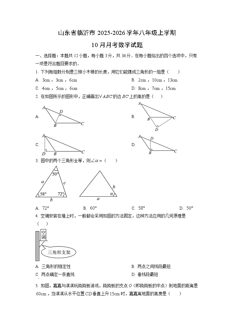 山东省临沂市2025-2026学年八年级上学期10月月考数学试卷（学生版）第1页