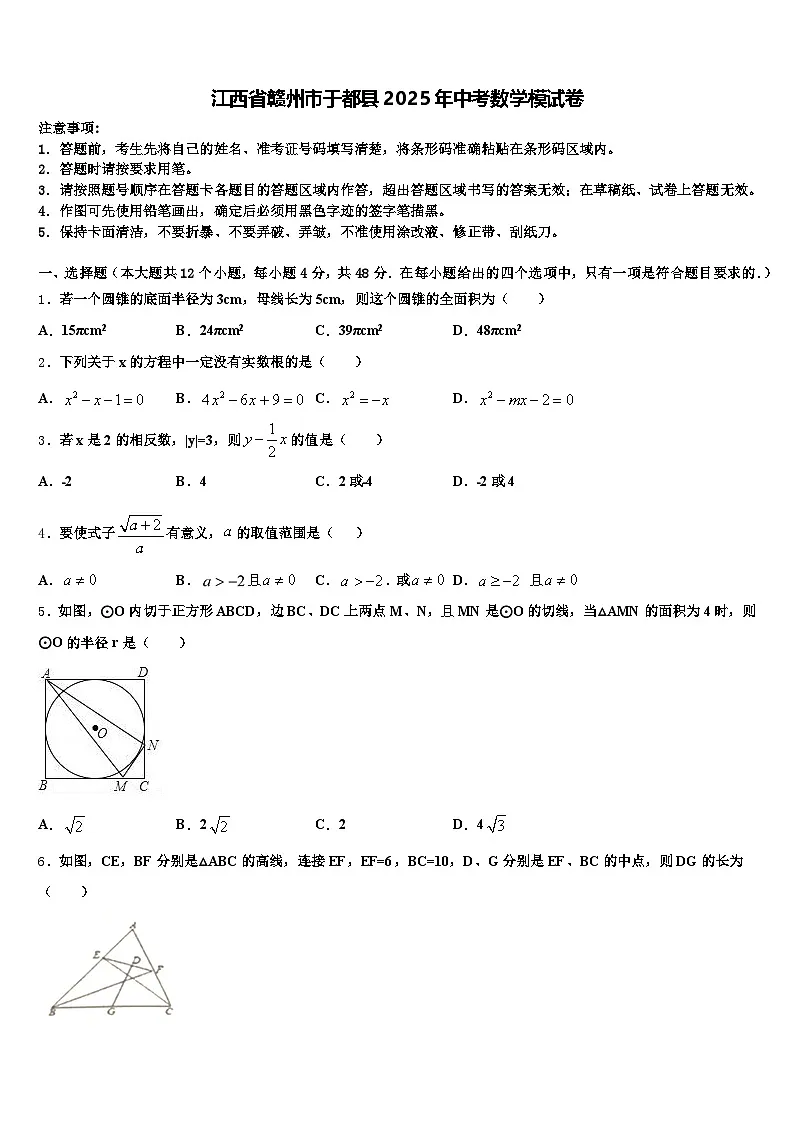 江西省赣州市于都县2025年中考数学模试卷含解析第1页