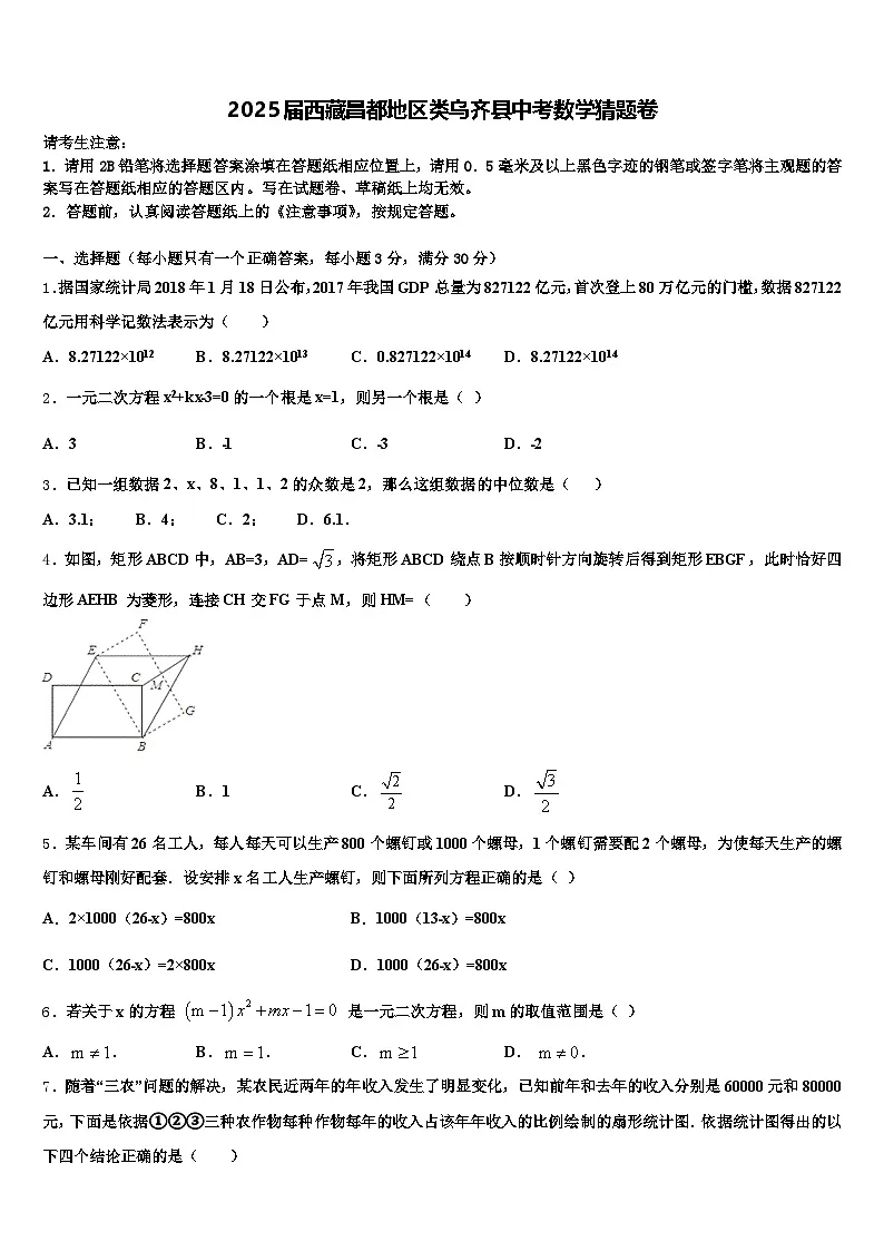2025届西藏昌都地区类乌齐县中考数学猜题卷含解析第1页