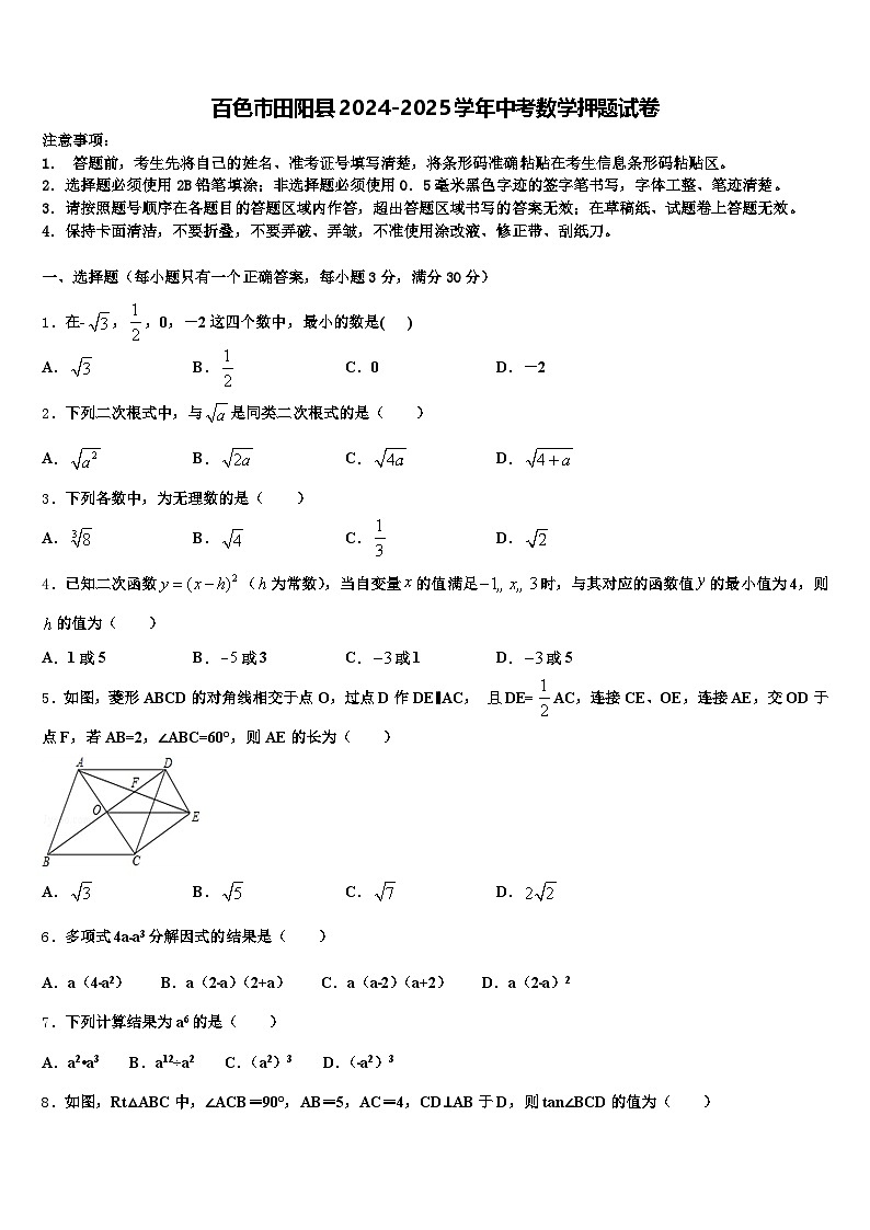 百色市田阳县2024-2025学年中考数学押题试卷含解析第1页