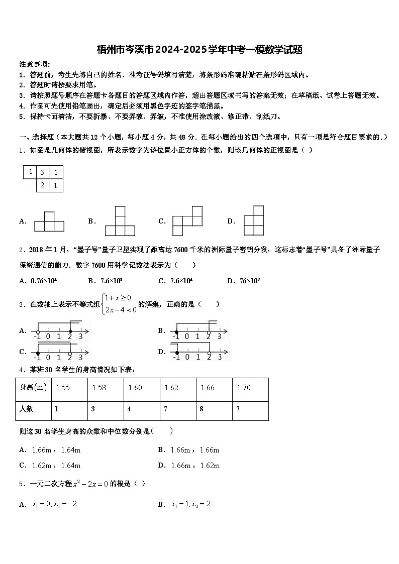 梧州市岑溪市2024-2025学年中考一模数学试题含解析第1页