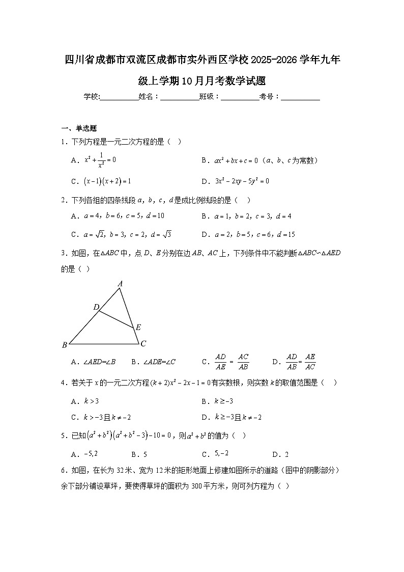 2025-2026学年四川省成都市双流区成都市实外西区学校九年级上学期10月月考数学试题第1页