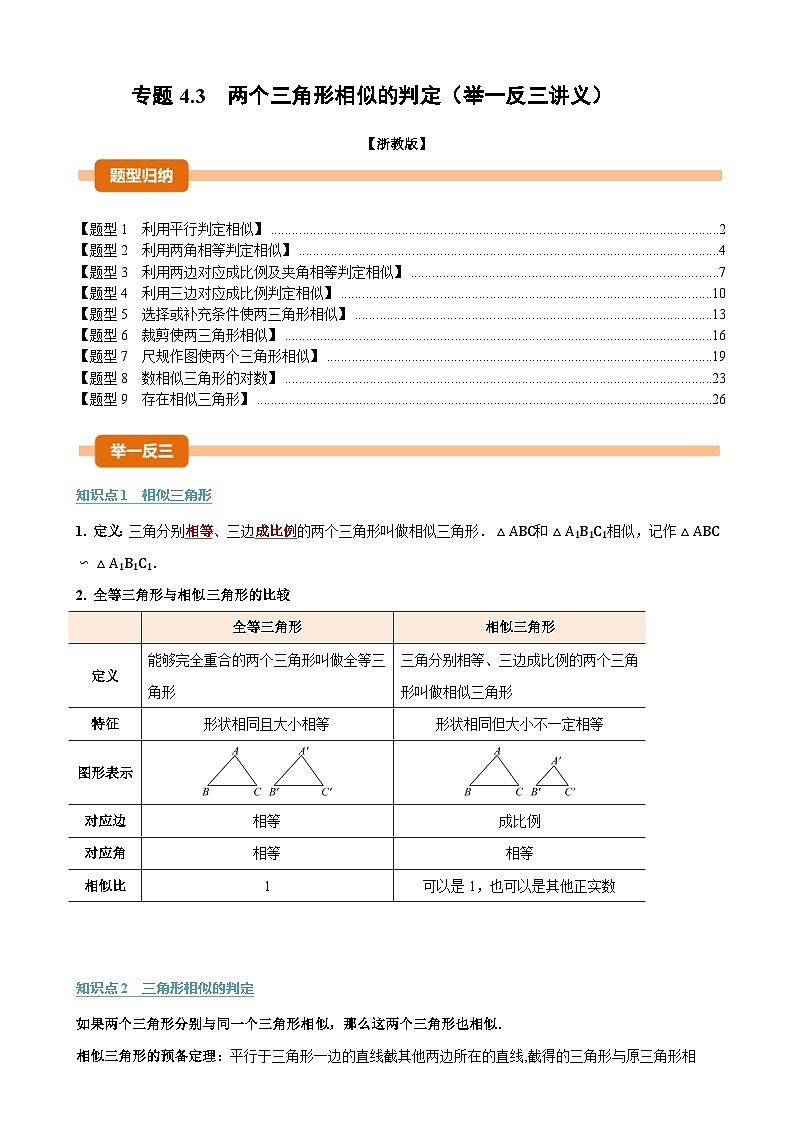 专题4.3 两个三角形相似的判定（举一反三讲义）数学浙教版九年级上册（解析版）-A4第1页