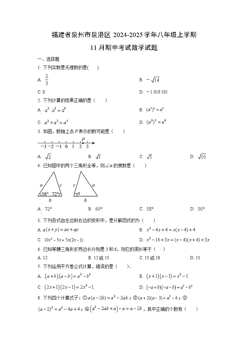 福建省泉州市泉港区2024-2025学年八年级上学期11月期中考试数学试卷（学生版）第1页