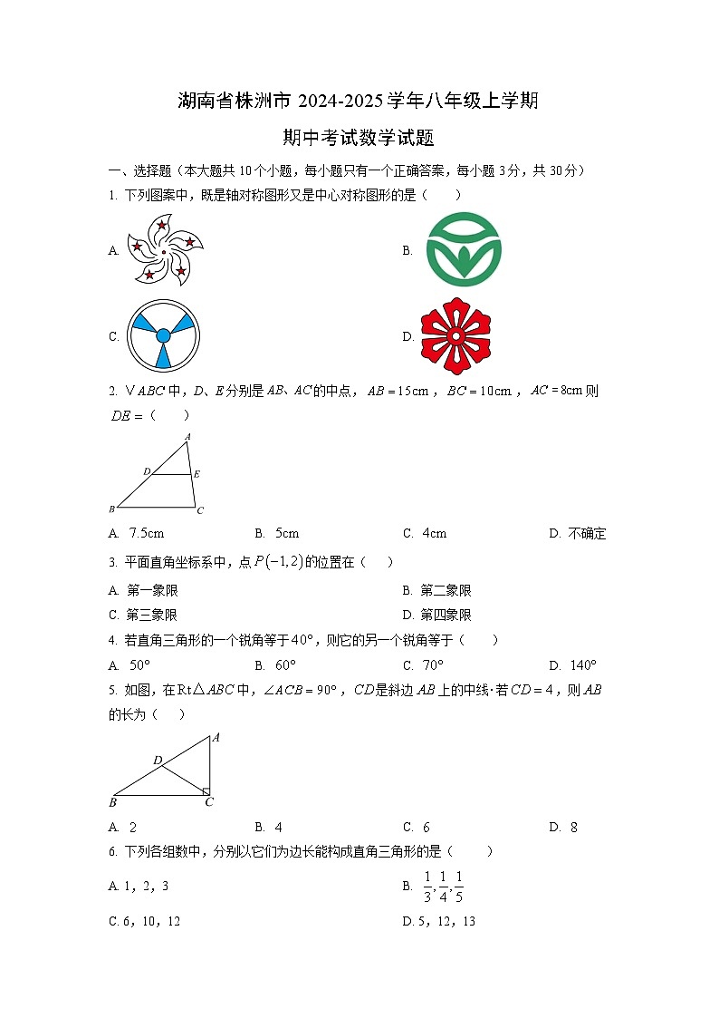 湖南省株洲市2024-2025学年八年级上学期期中考试数学试卷（学生版）第1页