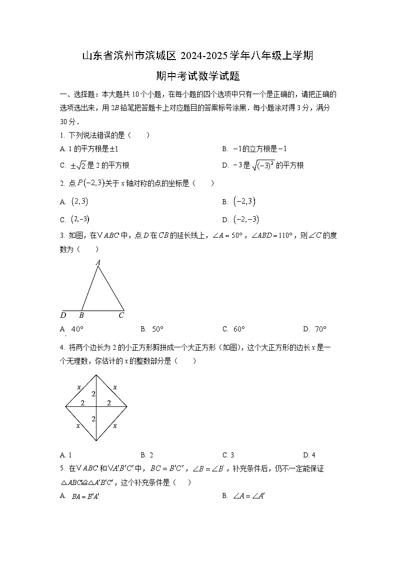 山东省滨州市滨城区2024-2025学年八年级上学期期中考试数学试卷（学生版）第1页
