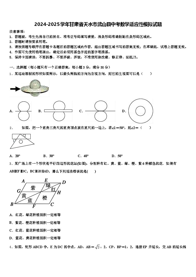 2024-2025学年甘肃省天水市武山县中考数学适应性模拟试题含解析第1页