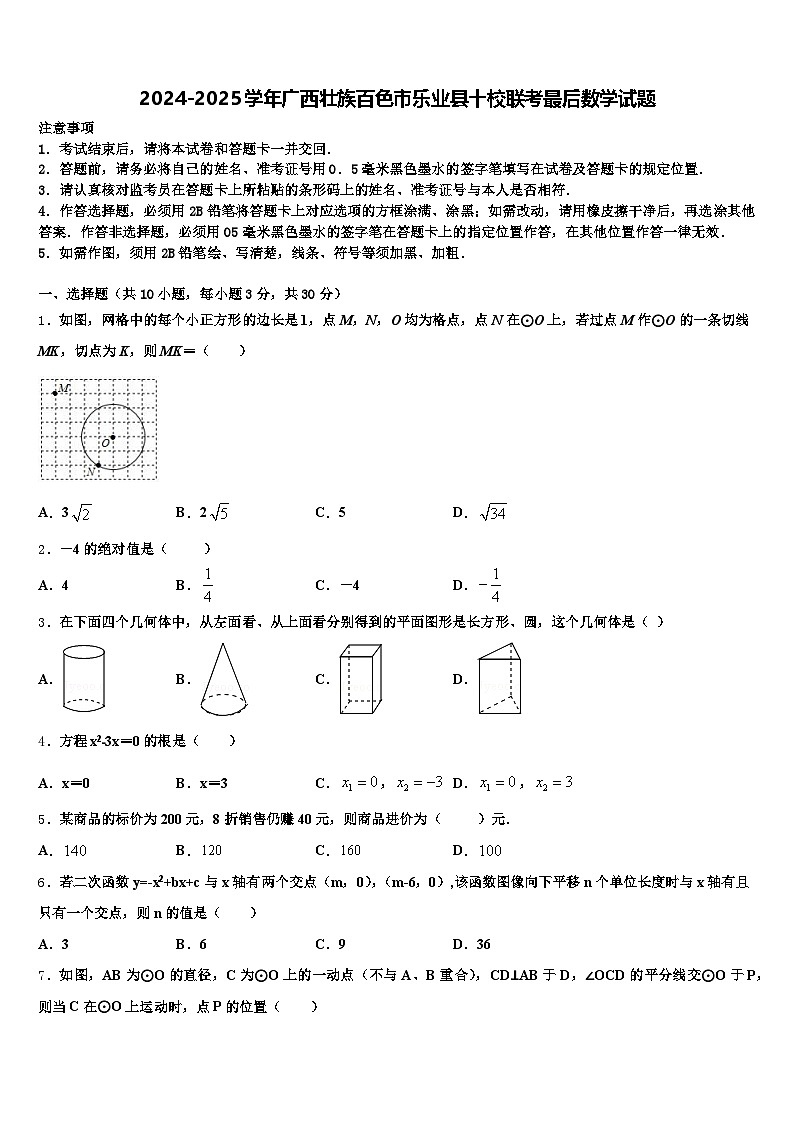 2024-2025学年广西壮族百色市乐业县十校联考最后数学试题含解析第1页