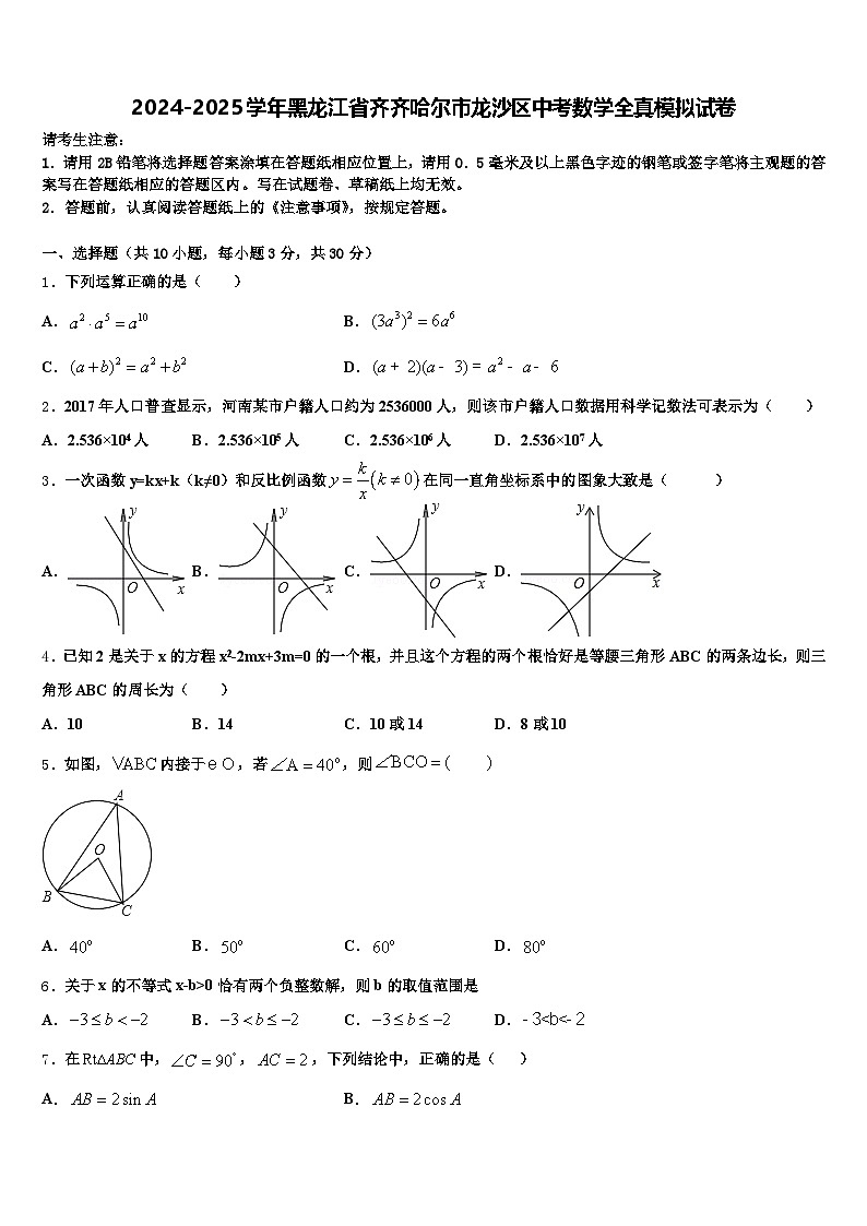 2024-2025学年黑龙江省齐齐哈尔市龙沙区中考数学全真模拟试卷含解析第1页