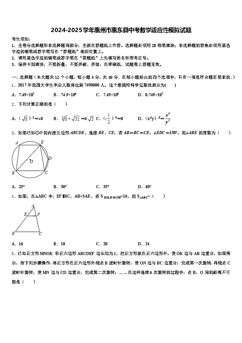 2024-2025学年惠州市惠东县中考数学适应性模拟试题含解析第1页