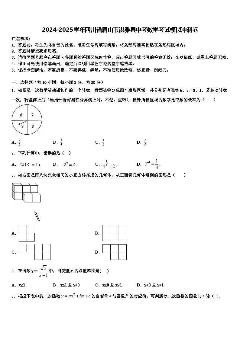 2024-2025学年四川省眉山市洪雅县中考数学考试模拟冲刺卷含解析第1页