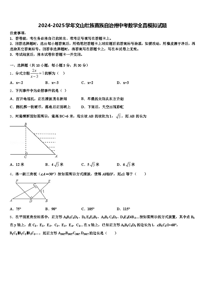 2024-2025学年文山壮族苗族自治州中考数学全真模拟试题含解析第1页