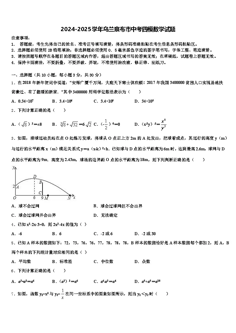 2024-2025学年乌兰察布市中考四模数学试题含解析第1页