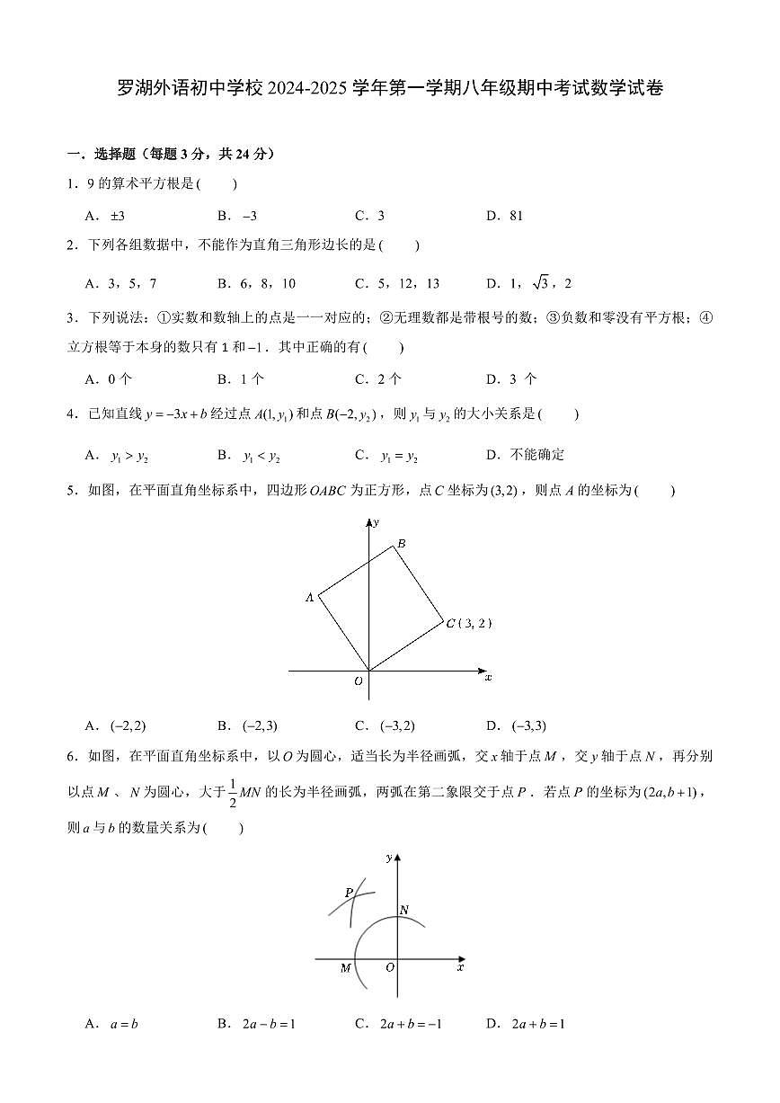 2024-2025学年深圳市罗湖外语初中学校八年级上学期期中数学试卷及答案第1页