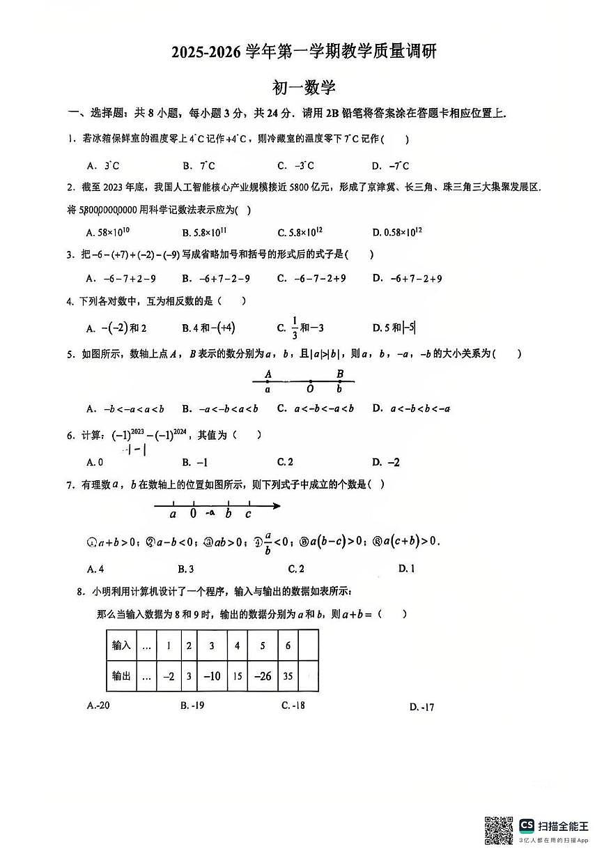 江苏省苏州市昆山市蓬朗中学2025-2026学年七年级上学期10月月考数学卷第1页