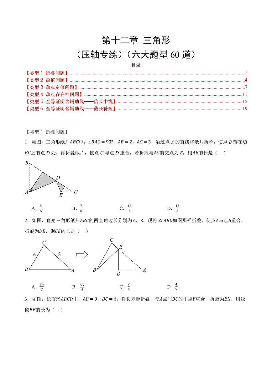 第十二章 三角形(压轴专练)(六大题型60道)(原卷版)第1页