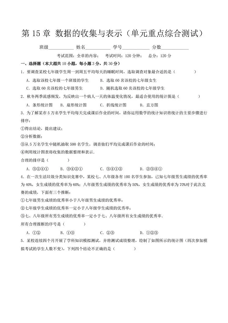 第15章 数据的收集与表示(单元重点综合测试)(原卷版)第1页