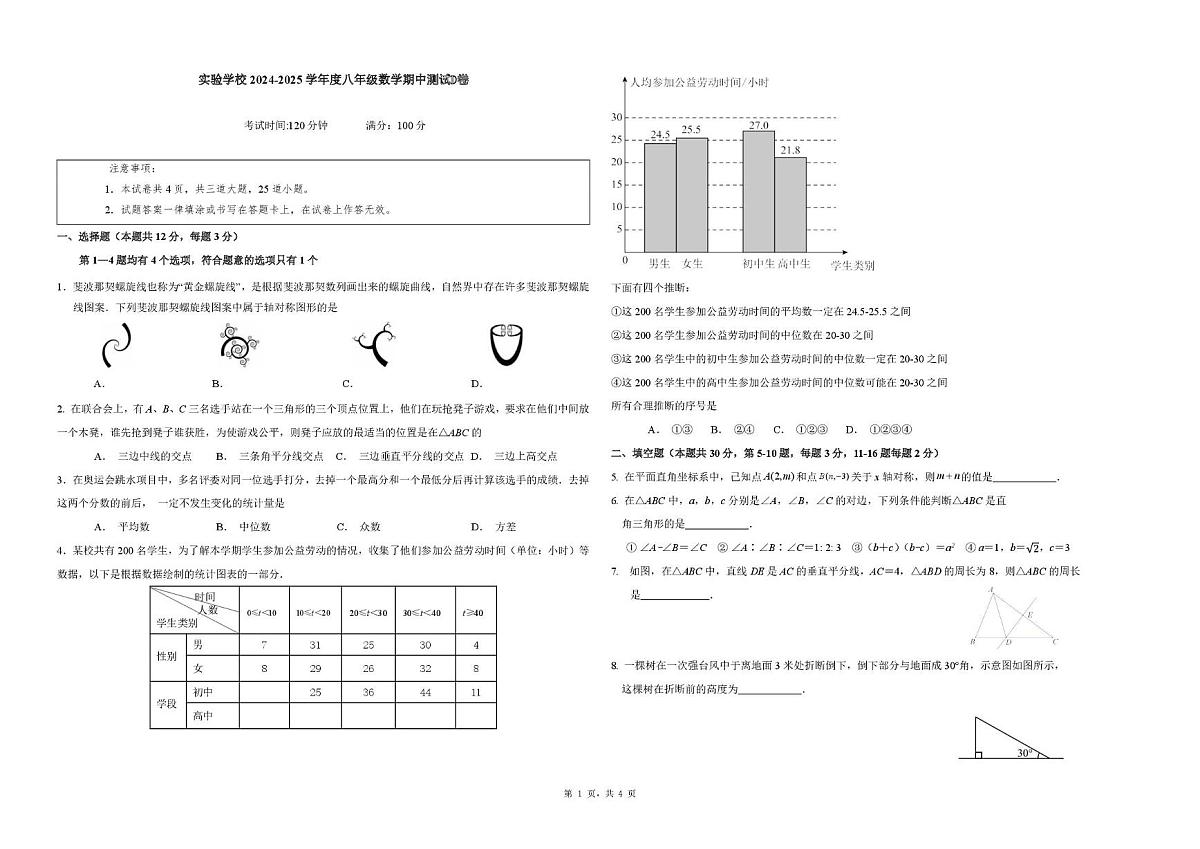 北京市第十一中学实验学校2024-2025学年上学期八年级数学期中考试D卷卷第1页