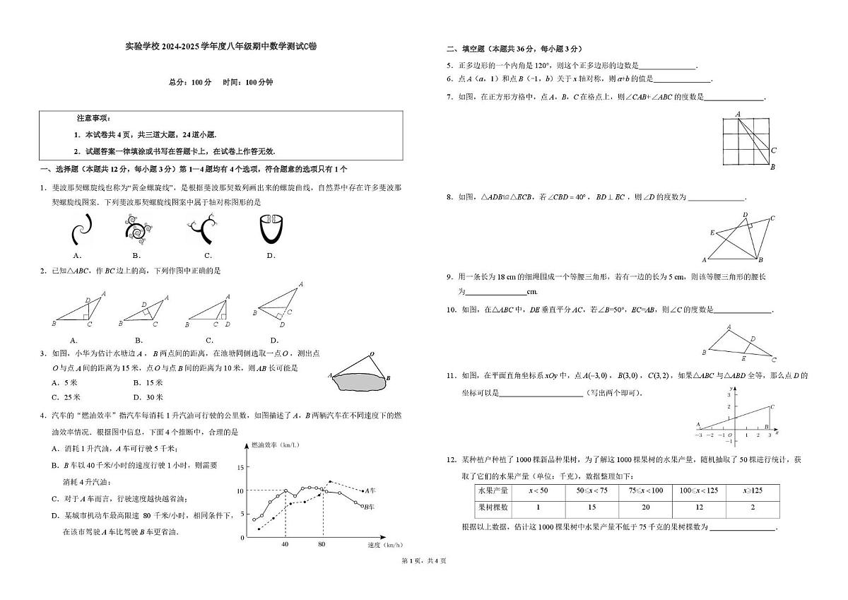 北京市第十一中学实验学校2024-2025学年上学期八年级数学期中考试C卷第1页