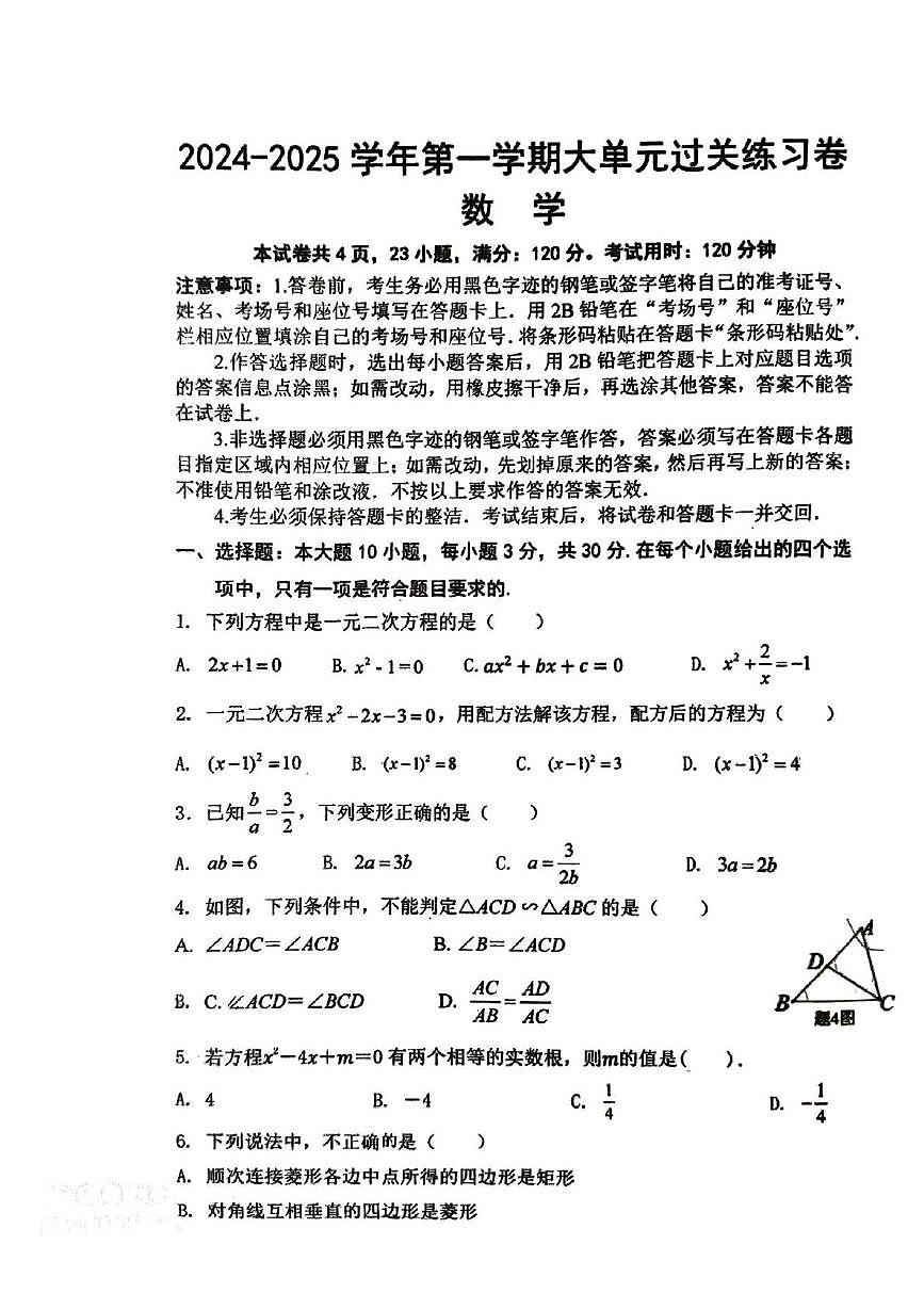 广东省清远市清新区第三中学2024-2025学年九年级上学期期中数学试卷第1页