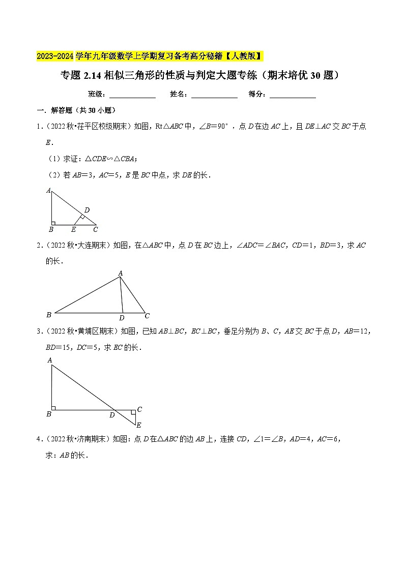 专题2.14相似三角形的性质与判定大题专练（期末培优30题）-2023-2024学年九年级数学上学期复习备考高分秘籍【人教版】（原卷版）第1页