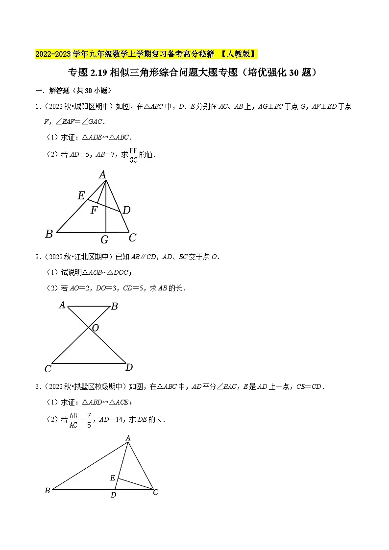 专题2.19相似三角形综合问题大题专题（培优强化30题）-2022-2023学年九年级数学上学期复习备考高分秘籍 【人教版】（原卷版）第1页