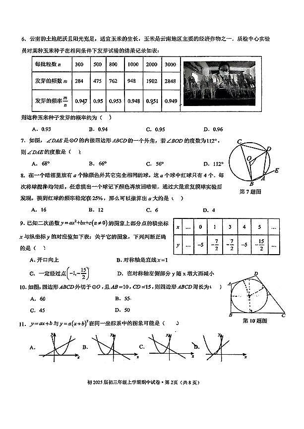 云南省昆明市第三中学2024-2025学年上学期九年级数学期中试卷（含答案）第2页