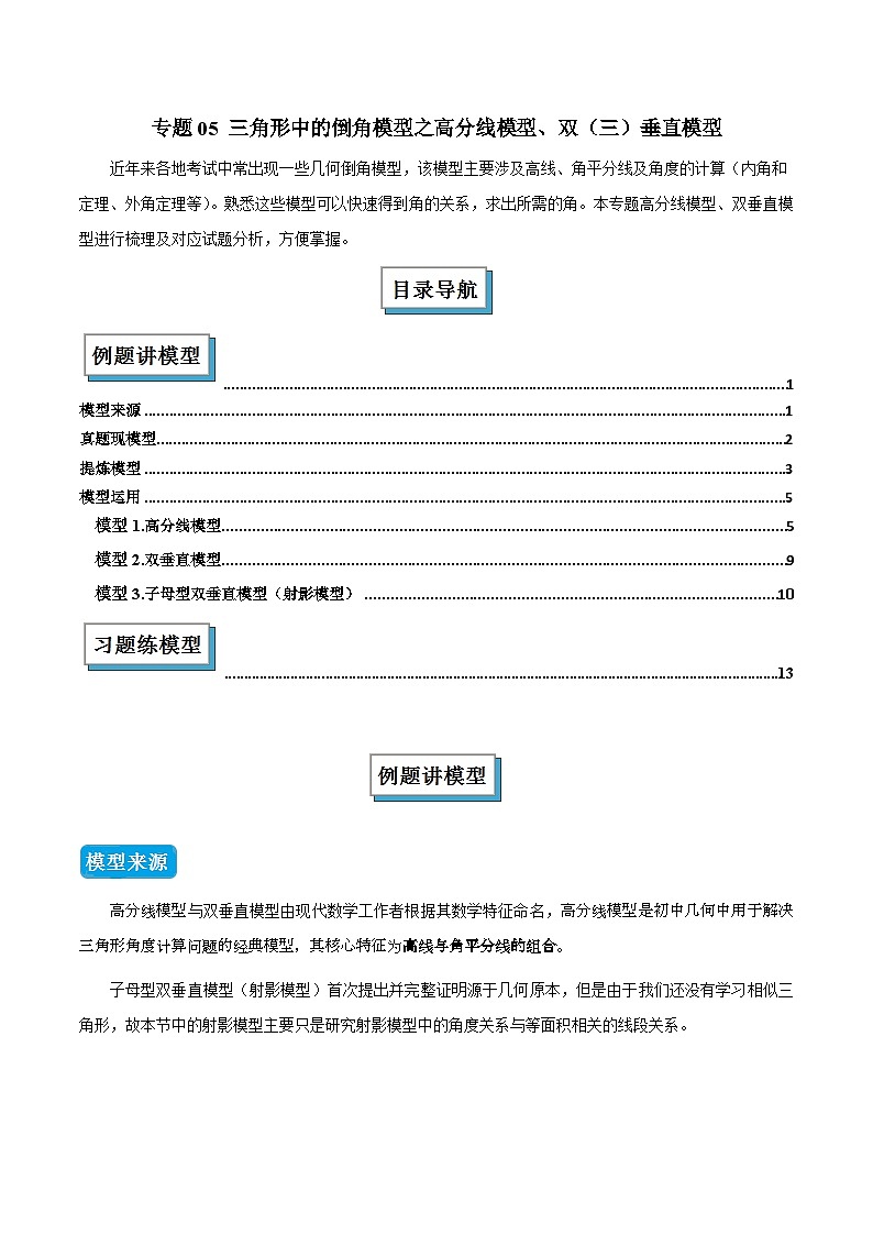 专题05 三角形中的倒角模型之高分线模型、双（三）垂直模型（几何模型讲义）数学人教版2024八年级上册（解析版）第1页