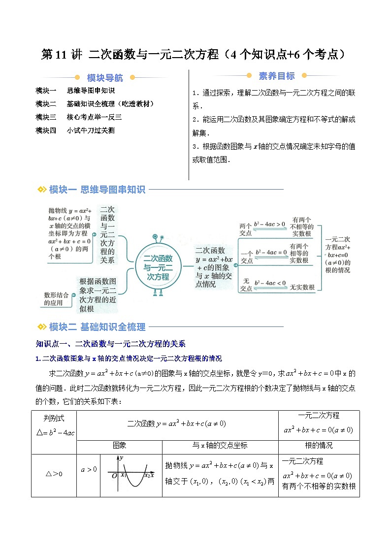 第2部分-预习-第11讲 二次函数与一元二次方程（教师版）-新九年级数学暑假衔接讲义（人教版）第1页